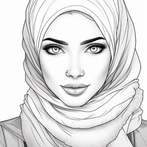 K&ouml;nnte beinhalten: Eine schwarz-wei&szlig;e Strichzeichnung eines Gesichts mit Hijab. Die Darstellung zeigt detaillierte Augen mit langen Wimpern, definierte Augenbrauen und ein kleines Nasenpiercing. Das Kopftuch ist mit sichtbaren Falten und einem fransigen Rand gezeichnet.