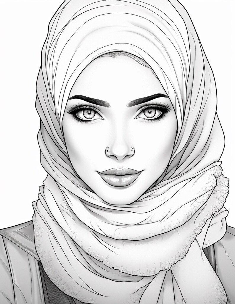 K&ouml;nnte beinhalten: Eine schwarz-wei&szlig;e Strichzeichnung eines Gesichts mit Hijab. Die Darstellung zeigt detaillierte Augen mit langen Wimpern, definierte Augenbrauen und ein kleines Nasenpiercing. Das Kopftuch ist mit sichtbaren Falten und einem fransigen Rand gezeichnet.