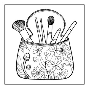 May include: A black and white line art illustration of a cosmetic pouch featuring a floral and mushroom pattern. The pouch is open at the top, revealing five various makeup brushes and applicators standing upright inside the bag.