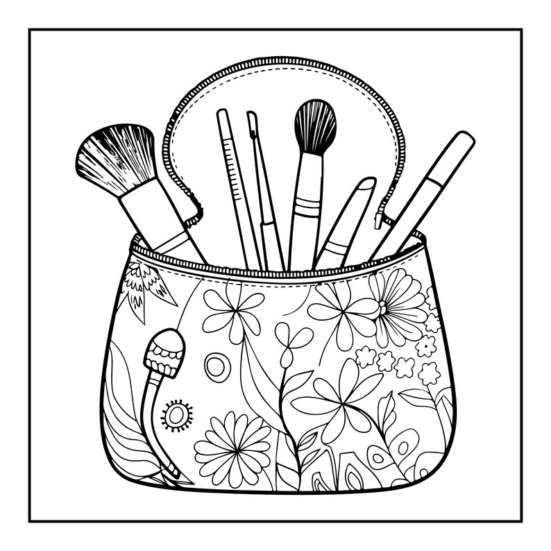 May include: A black and white line art illustration of a cosmetic pouch featuring a floral and mushroom pattern. The pouch is open at the top, revealing five various makeup brushes and applicators standing upright inside the bag.