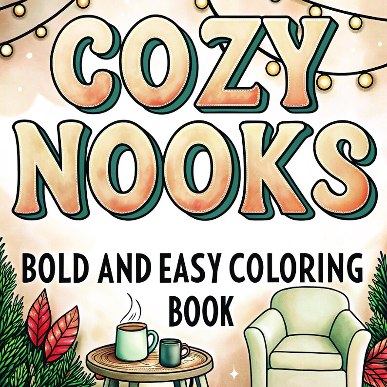 Kolorowanka „Cozy Nooks Bold Easy” | 90 stron, plik PDF do druku (pobranie cyfrowe) zdjęcie 4
