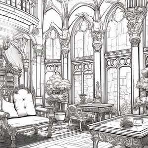 Puede incluir: Una ilustraci&oacute;n de arte lineal en blanco y negro de una habitaci&oacute;n interior con ventanas arqueadas, columnas ornamentadas, un sof&aacute; capiton&eacute;, una mesa rectangular con patas talladas, un escritorio con silla, plantas en macetas y un balc&oacute;n.