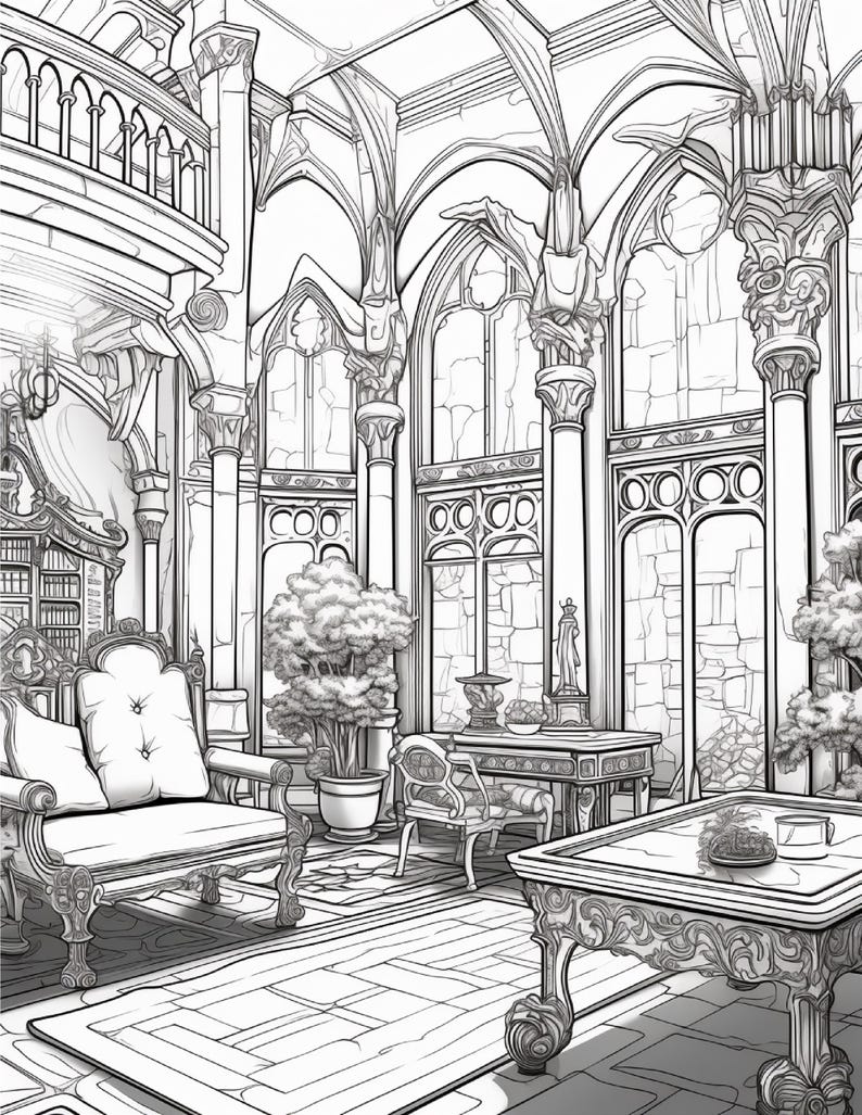 Puede incluir: Una ilustraci&oacute;n de arte lineal en blanco y negro de una habitaci&oacute;n interior con ventanas arqueadas, columnas ornamentadas, un sof&aacute; capiton&eacute;, una mesa rectangular con patas talladas, un escritorio con silla, plantas en macetas y un balc&oacute;n.
