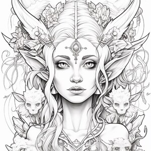 May include: A black and white line art illustration featuring a central figure with pointed ears, a crown, and a forehead ornament. The figure is surrounded by floral elements and four small, furry, creature-like beings positioned at the bottom and sides.