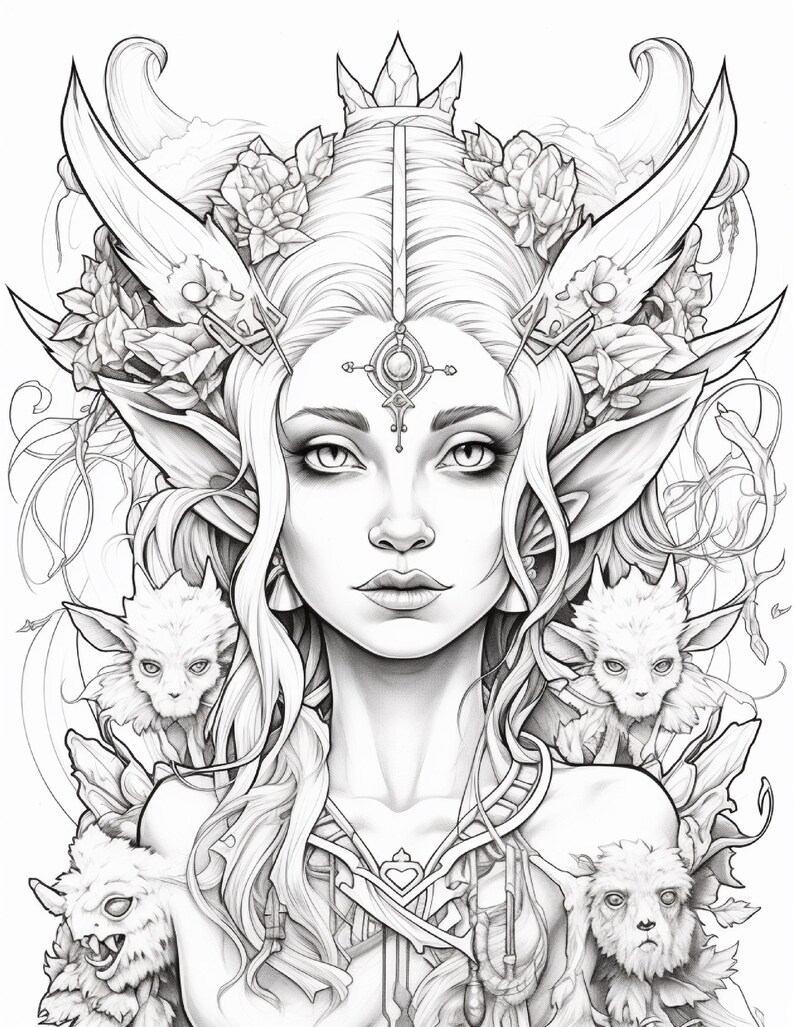 May include: A black and white line art illustration featuring a central figure with pointed ears, a crown, and a forehead ornament. The figure is surrounded by floral elements and four small, furry, creature-like beings positioned at the bottom and sides.