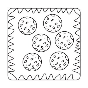 May include: A square-shaped black and white line art illustration featuring a scalloped border. Inside the square, there are five circular shapes, each containing small oval and dot markings, resembling cookies or circular food items.