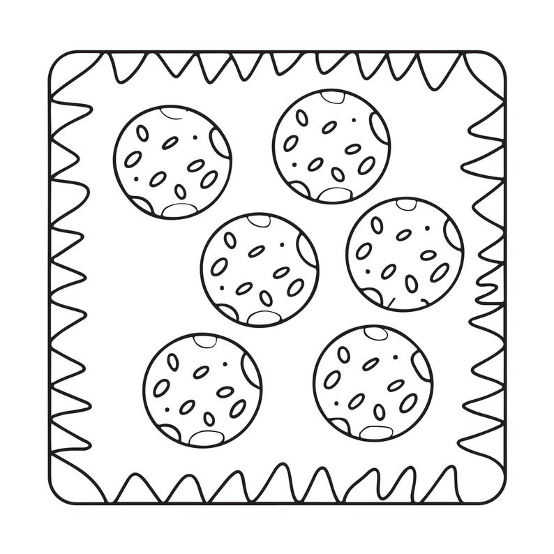 May include: A square-shaped black and white line art illustration featuring a scalloped border. Inside the square, there are five circular shapes, each containing small oval and dot markings, resembling cookies or circular food items.