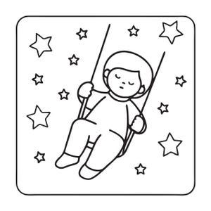 May include: A black and white line art illustration featuring a person with closed eyes sitting on a swing. The figure is surrounded by multiple stars of varying sizes, all enclosed within a square frame with rounded corners.