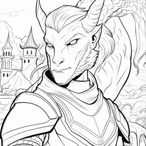 K&ouml;nnte beinhalten: Eine schwarz-wei&szlig;e Strichzeichnung einer Fantasy-Kreatur mit H&ouml;rnern und spitzen Ohren, die eine detaillierte R&uuml;stung tr&auml;gt. Die Figur ist vor einer Burg mit hohen T&uuml;rmen und einer bergigen Landschaft im Hintergrund dargestellt.