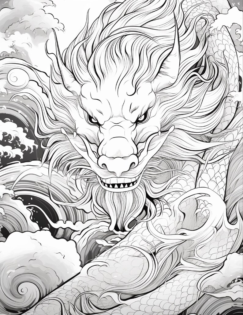 Puede incluir: Una ilustraci&oacute;n en blanco y negro de un drag&oacute;n con una melena larga y fluida y bigotes. El drag&oacute;n se muestra con dientes afilados y escamas, rodeado de nubes arremolinadas y olas estilizadas en una composici&oacute;n detallada y de alto contraste.