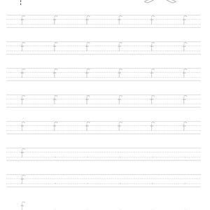 May include: A black and white educational worksheet for practicing the lowercase letter f. The page features rows of dashed letter f characters for tracing, the word fan, and a small line drawing of a ceiling fan at the top right corner.