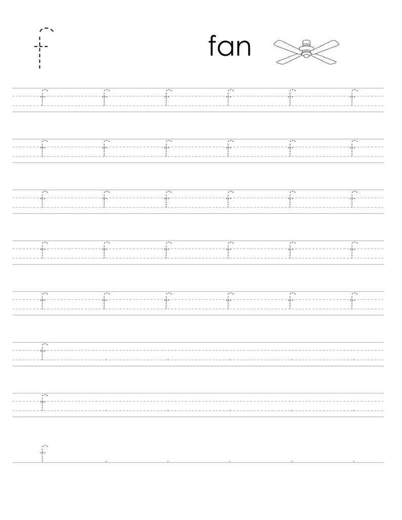 May include: A black and white educational worksheet for practicing the lowercase letter f. The page features rows of dashed letter f characters for tracing, the word fan, and a small line drawing of a ceiling fan at the top right corner.