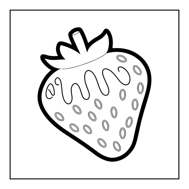 Pu&ograve; includere: Un'illustrazione in bianco e nero a tratto di una fragola. Il frutto presenta un contorno spesso, un gambo con foglie sulla parte superiore e una serie di piccole forme ovali che rappresentano i semi sulla superficie, con un dettaglio a linea ondulata.