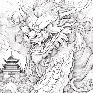 Puede incluir: Una ilustraci&oacute;n de arte lineal en blanco y negro que muestra un drag&oacute;n detallado con escamas, una melena fluida y dientes afilados. El drag&oacute;n est&aacute; posicionado frente a un templo tradicional de Asia Oriental con techos escalonados, rodeado de nubes estilizadas.
