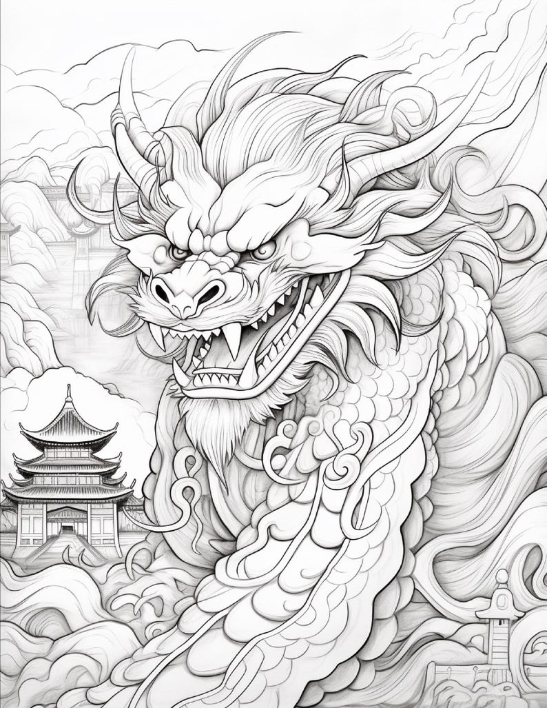 Puede incluir: Una ilustraci&oacute;n de arte lineal en blanco y negro que muestra un drag&oacute;n detallado con escamas, una melena fluida y dientes afilados. El drag&oacute;n est&aacute; posicionado frente a un templo tradicional de Asia Oriental con techos escalonados, rodeado de nubes estilizadas.