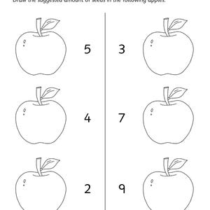 Pu&ograve; includere: Una scheda didattica in bianco e nero intitolata Counting and Drawing con l'istruzione di disegnare il numero suggerito di semi nelle mele. Presenta sei contorni di mele con i numeri 5, 4, 2, 3, 7 e 9 accanto.
