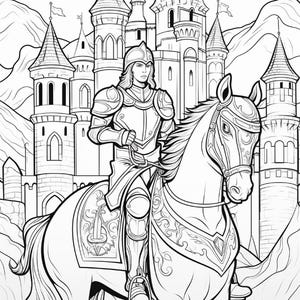 Op de afbeelding: Een zwart-witte lijntekening van een ridder in volledig harnas op een paard. De ridder draagt een helm en houdt de teugels vast. Op de achtergrond staat een groot kasteel met meerdere torens en spitsen voor een gebergte.