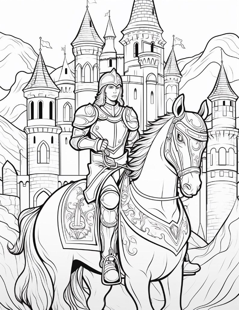 Op de afbeelding: Een zwart-witte lijntekening van een ridder in volledig harnas op een paard. De ridder draagt een helm en houdt de teugels vast. Op de achtergrond staat een groot kasteel met meerdere torens en spitsen voor een gebergte.