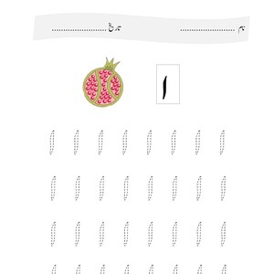 May include: An educational worksheet for learning the Urdu alphabet, featuring the title 'حروف تہجی', a section for name and date, a colourful illustration of a pomegranate, the letter 'ا', and rows of dashed lines for tracing practice.