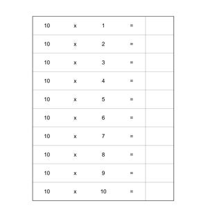 Peut inclure: Une fiche p&eacute;dagogique en noir et blanc intitul&eacute;e Math Tables pr&eacute;sentant une table de multiplication pour le chiffre dix. Le tableau liste les &eacute;quations de 10 x 1 &agrave; 10 x 10 avec des cases vides &agrave; droite pour inscrire les r&eacute;sultats calcul&eacute;s.