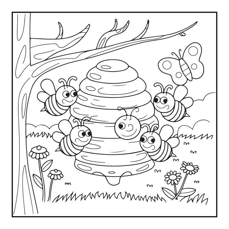 May include: A black and white line art coloring page illustration featuring a central beehive surrounded by four cartoon bees and a butterfly. The scene includes a tree branch overhead, grass, and several flowers at the bottom of the frame.