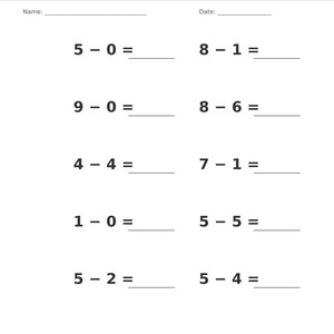 May include: A white educational worksheet titled Subtraction &bull; Single Digit with a gray header. It features ten math problems arranged in two columns, including 5-0, 8-1, 9-0, 8-6, 4-4, 7-1, 1-0, 5-5, 5-2, and 5-4, with blank lines for answers.