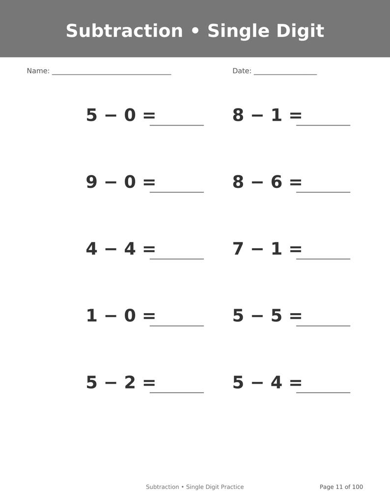 May include: A white educational worksheet titled Subtraction &bull; Single Digit with a gray header. It features ten math problems arranged in two columns, including 5-0, 8-1, 9-0, 8-6, 4-4, 7-1, 1-0, 5-5, 5-2, and 5-4, with blank lines for answers.