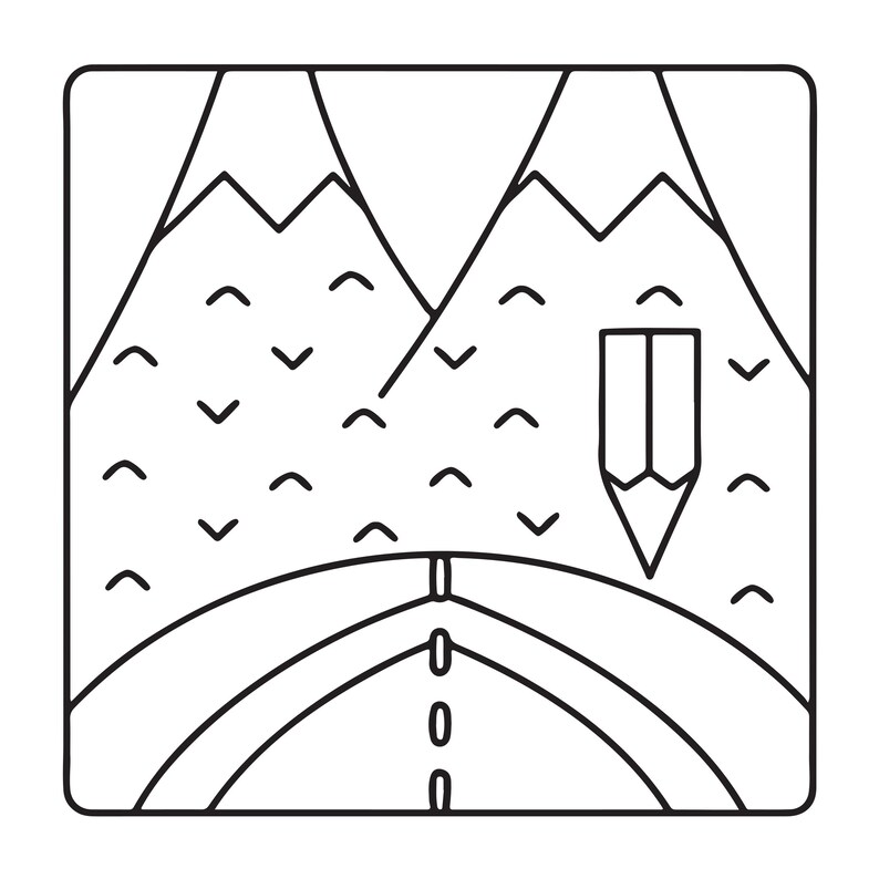 May include: A black and white line art illustration featuring a square frame containing two mountain peaks with small v-shaped markings, a road curving towards the horizon, and a vertical pencil icon positioned on the right side of the mountains.