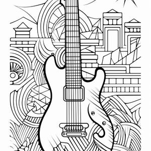 May include: A black and white line art illustration featuring an electric guitar centered against a complex background of geometric shapes, swirling patterns, and architectural structures, including a star-like symbol in the upper right corner.