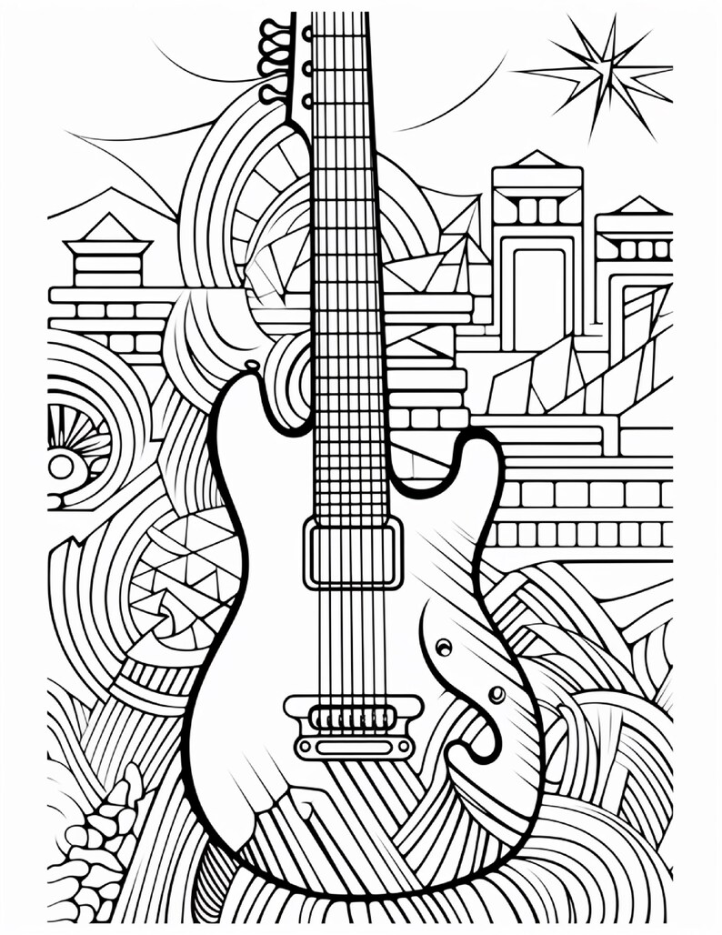 May include: A black and white line art illustration featuring an electric guitar centered against a complex background of geometric shapes, swirling patterns, and architectural structures, including a star-like symbol in the upper right corner.
