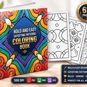 May include: A colouring book titled Bold and Easy Satisfying Patterns Colouring Book with a colourful geometric cover. It includes 65 pages, with three sample black and white line art pages showing bees, honeycombs, and floral designs.