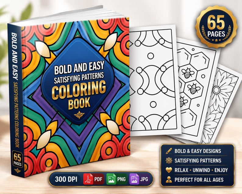 May include: A colouring book titled Bold and Easy Satisfying Patterns Colouring Book with a colourful geometric cover. It includes 65 pages, with three sample black and white line art pages showing bees, honeycombs, and floral designs.