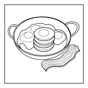May include: A black and white line art illustration of a breakfast meal. A round pan with two handles contains a stack of four circular pancakes and two fried eggs. A single strip of wavy bacon is positioned outside the pan at the bottom right.