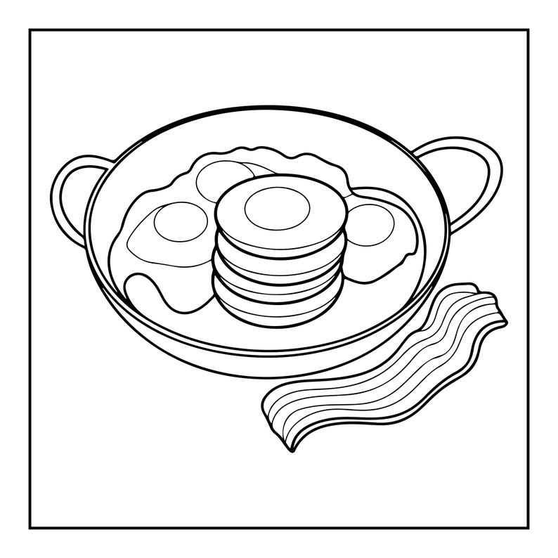 May include: A black and white line art illustration of a breakfast meal. A round pan with two handles contains a stack of four circular pancakes and two fried eggs. A single strip of wavy bacon is positioned outside the pan at the bottom right.