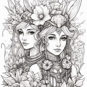 May include: A black and white line art illustration featuring two figures with detailed facial features, adorned with elaborate headpieces and necklaces, surrounded by a dense arrangement of various flowers and large leaves.