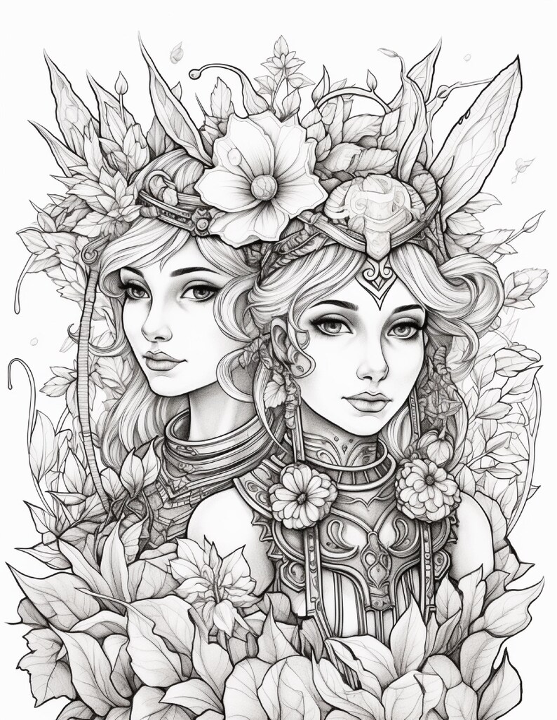 May include: A black and white line art illustration featuring two figures with detailed facial features, adorned with elaborate headpieces and necklaces, surrounded by a dense arrangement of various flowers and large leaves.