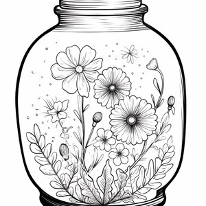 K&ouml;nnte beinhalten: Eine schwarz-wei&szlig;e Strichzeichnung eines Glasgef&auml;&szlig;es, das eine Vielzahl von Blumen und Bl&auml;ttern enth&auml;lt. Die Zeichnung zeigt mehrere gro&szlig;e g&auml;nsebl&uuml;mchenartige Bl&uuml;ten, kleinere Bl&uuml;ten und detailliertes Blattwerk im Inneren des Gef&auml;&szlig;es.