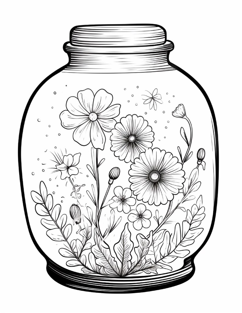 K&ouml;nnte beinhalten: Eine schwarz-wei&szlig;e Strichzeichnung eines Glasgef&auml;&szlig;es, das eine Vielzahl von Blumen und Bl&auml;ttern enth&auml;lt. Die Zeichnung zeigt mehrere gro&szlig;e g&auml;nsebl&uuml;mchenartige Bl&uuml;ten, kleinere Bl&uuml;ten und detailliertes Blattwerk im Inneren des Gef&auml;&szlig;es.