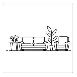 K&ouml;nnte beinhalten: Eine schwarz-wei&szlig;e Strichzeichnung eines Wohnzimmerarrangements mit einem Beistelltisch mit zwei kleinen Topfpflanzen, einem Zweisitzer-Sofa, einer hohen Topfpflanze mit gro&szlig;en Bl&auml;ttern und einem einzelnen Sessel, alles auf einer flachen Bodenlinie.