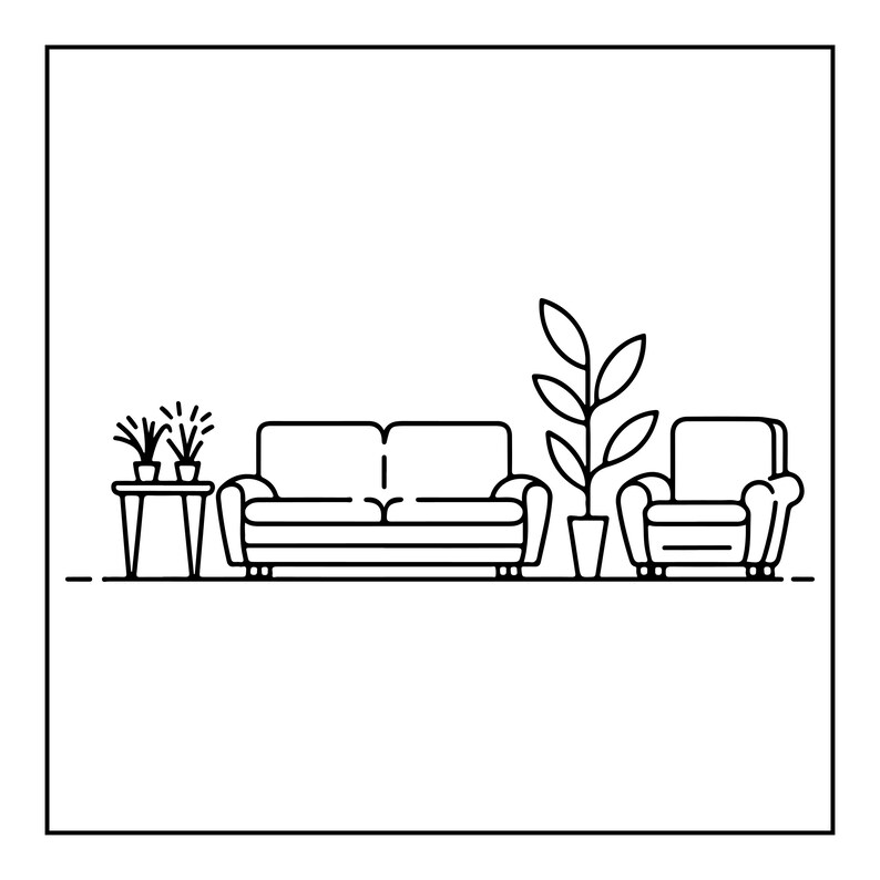 K&ouml;nnte beinhalten: Eine schwarz-wei&szlig;e Strichzeichnung eines Wohnzimmerarrangements mit einem Beistelltisch mit zwei kleinen Topfpflanzen, einem Zweisitzer-Sofa, einer hohen Topfpflanze mit gro&szlig;en Bl&auml;ttern und einem einzelnen Sessel, alles auf einer flachen Bodenlinie.