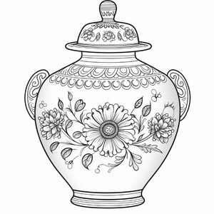 K&ouml;nnte beinhalten: Eine schwarz-wei&szlig;e Strichzeichnung eines Deckelgef&auml;&szlig;es mit zwei seitlichen Griffen. Das Gef&auml;&szlig; zeigt ein zentrales Blumenmotiv mit gro&szlig;en g&auml;nsebl&uuml;mchenartigen Bl&uuml;ten, Bl&auml;ttern und Stielen, erg&auml;nzt durch ein dekoratives Bogenmuster am Hals.