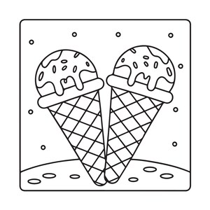 May include: A black and white line art illustration featuring two ice cream cones positioned side by side. Each cone has a waffle pattern and is topped with a scoop of ice cream featuring dripping syrup and sprinkles, set within a square frame.