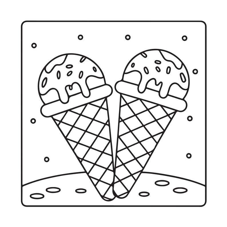 May include: A black and white line art illustration featuring two ice cream cones positioned side by side. Each cone has a waffle pattern and is topped with a scoop of ice cream featuring dripping syrup and sprinkles, set within a square frame.