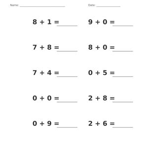 May include: A white worksheet titled Addition &bull; Single Digit with a gray header. It features ten math problems with single-digit numbers and blank lines for answers. The page includes fields for Name and Date, and footer text Page 16 of 100.