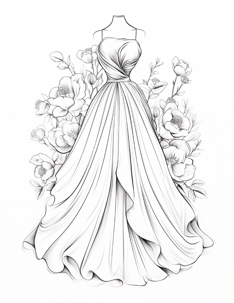 Pu&ograve; includere: Un'illustrazione a linee in bianco e nero di un abito senza spalline con corpetto aderente e gonna ampia e fluida. L'abito &egrave; circondato da schizzi dettagliati di fiori e foglie, che creano una composizione floreale dietro il capo.