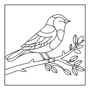 May include: A black and white line art illustration of a small bird perched on a branch with leaves. The bird is depicted in profile with its eyes closed, featuring clear outlines and segmented wing details within a simple rectangular frame.