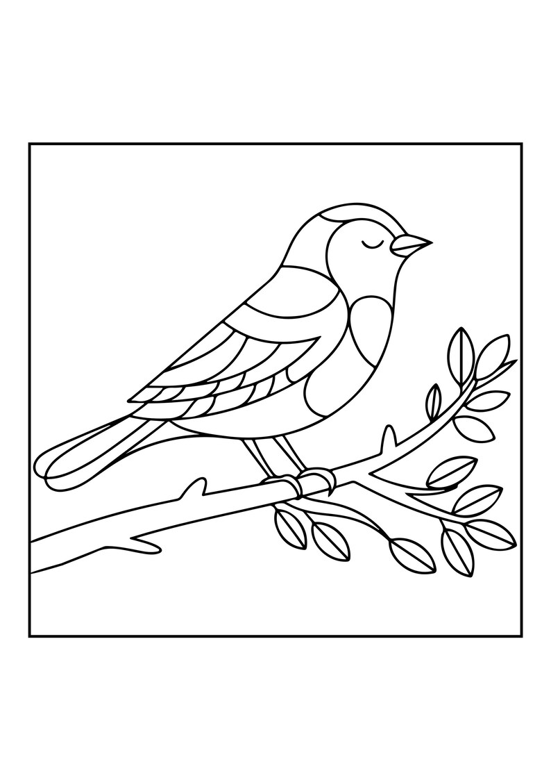 May include: A black and white line art illustration of a small bird perched on a branch with leaves. The bird is depicted in profile with its eyes closed, featuring clear outlines and segmented wing details within a simple rectangular frame.