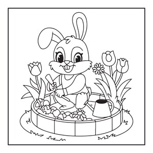 May include: A black and white line art coloring page featuring a cartoon rabbit kneeling in a circular garden bed. The rabbit holds a small trowel, surrounded by tulips, daisies, and a watering can. The garden bed has a stone-like border.