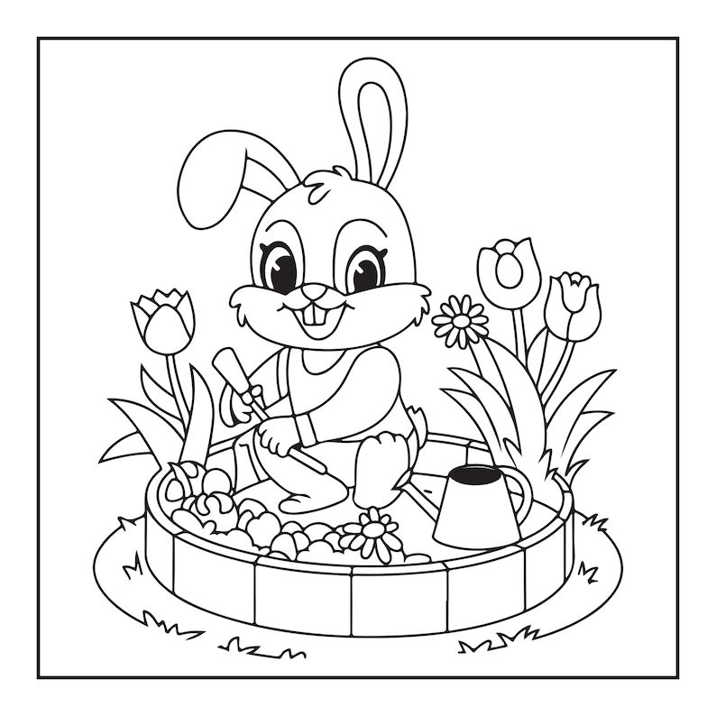 May include: A black and white line art coloring page featuring a cartoon rabbit kneeling in a circular garden bed. The rabbit holds a small trowel, surrounded by tulips, daisies, and a watering can. The garden bed has a stone-like border.