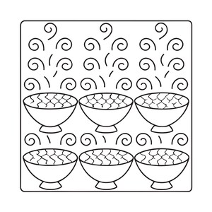 May include: A black and white line art illustration featuring six bowls arranged in two rows of three. Each bowl contains a textured pattern and is topped with swirling steam lines rising upwards, enclosed within a square border.